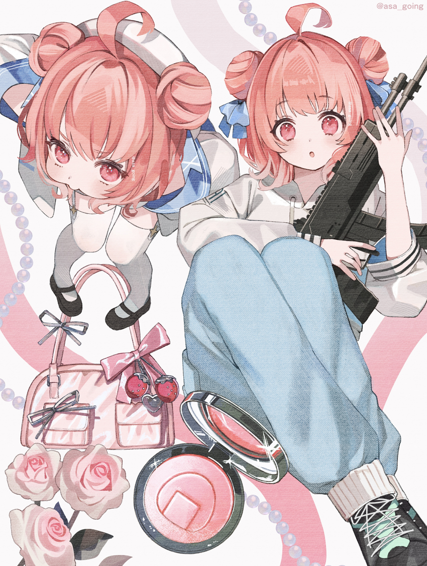 1girl absurdres ahoge asa_going blue_pants blue_ribbon commentary cosmetics double_bun flower gun hair_bun hair_ribbon hat highres holding holding_gun holding_weapon hood hoodie looking_at_viewer multiple_views open_mouth pants pink_bag pink_eyes pink_flower pink_hair ribbon shoes twitter_username virtual_youtuber vspo! weapon white_hat yumeno_akari