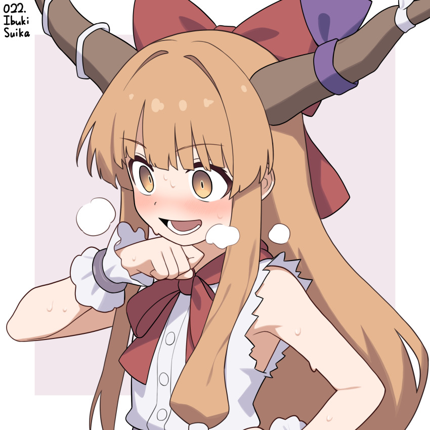 1girl absurdres blush bow breath brown_horns character_name commentary cuffs english_text hair_bow highres horn_ornament horn_ribbon horns ibuki_suika long_hair oni open_mouth orange_eyes orange_hair red_bow ribbon smile snackdang solo sweat torn_clothes torn_sleeves touhou very_long_hair wrist_cuffs
