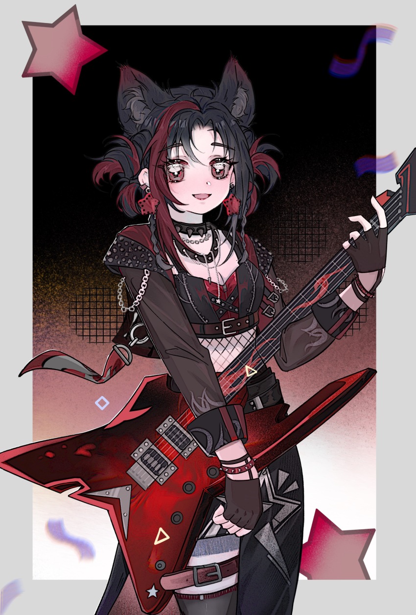 +_+ 1girl absurdres animal_ear_fluff animal_ears belt belt_buckle black_background black_belt black_choker black_gloves black_hair black_shirt black_skirt black_thighhighs border bracelet breasts brown_belt brown_eyes buckle chain chest_belt chinese_commentary choker cleavage collared_jacket commentary_request confetti counterflow_concerto_(infinity_nikki) cowboy_shot crop_top dot_nose electric_guitar extra_ears eyelashes fingerless_gloves fishnets gloves gradient_background grey_border grey_jacket grid_background guitar hair_rings hair_tie highres huaerdileichenghua infinity_nikki instrument jacket jewelry kemonomimi_mode leather leather_jacket light_blush lips long_skirt long_sleeves looking_at_viewer midriff multicolored_hair multiple_bracelets music necklace nikki_(series) open_clothes open_jacket open_mouth outside_border parted_bangs pink_lips playing_guitar playing_instrument print_skirt procreate_(medium) punk red_background red_belt red_hair red_shirt shirt short_hair_with_long_locks side_slit skirt sleeve_cuffs sleeveless sleeveless_shirt smile solo spiked_choker spikes standing star_(symbol) star_print streaked_hair studded_belt studded_bracelet thigh_belt thigh_strap thighhighs two-tone_background two-tone_hair two-tone_shirt wolf_ears