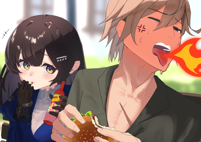 1boy 1girl absurdres anger_vein black_gloves black_hair blonde_hair blue_dress blurry blurry_background bottle breasts breath_weapon breathing_fire brown_dust_(series) brown_dust_2 brown_eyes burger burnt_tongue dress fire food food_bite gloves gray_(brown_dust) green_shirt hair_between_eyes hair_ornament hairclip highres holding holding_bottle holding_food hot_sauce long_hair looking_at_another medium_breasts motion_lines one_eye_closed pectorals scar scar_on_chest scheherazade_(brown_dust) scheherazade_(the_lapis_witch)_(brown_dust) shinaq shirt short_hair solo sweat sweater tongue tongue_out upper_body very_long_hair white_sweater