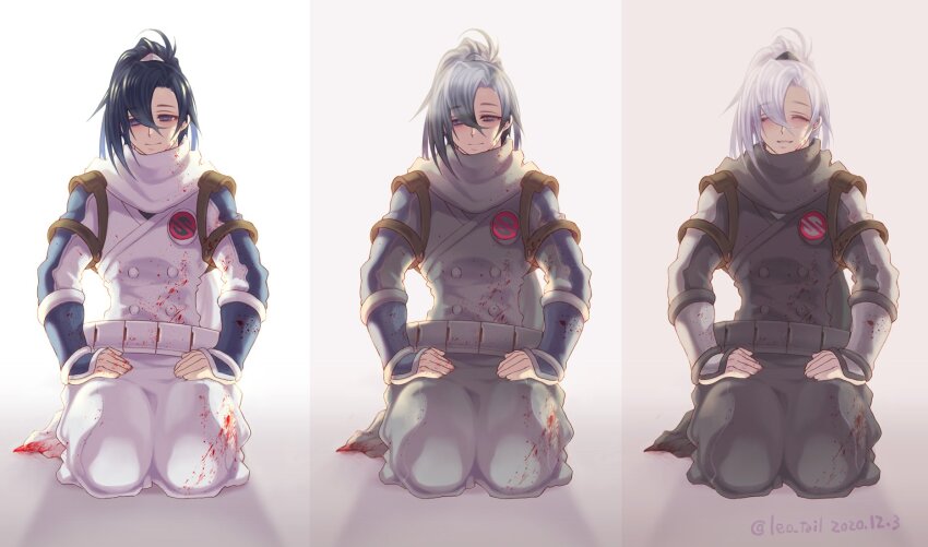 1boy alternate_color alternate_hair_color black_hair blood blood_on_clothes blood_on_face blue_eyes dated gradient_hair grin hair_between_eyes hands_on_own_legs highres leo_tail long_hair male_focus multicolored_hair multiple_views ponytail progression seiza simple_background sitting smile strider_(video_game) strider_hien twitter_username white_background white_hair
