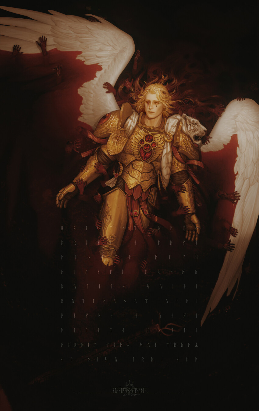 1boy absurdres adam&#039;s_apple angel angel_wings armor armored_boots artist_logo artist_name blade_encarmine blending blonde_hair blood blood_angels bloody_tears bloody_wings boots breastplate commentary commission couter cuirass death disembodied_hand english_commentary eye_of_horus_(warhammer) gauntlets gem gold_armor grabbing_another&#039;s_wing greaves hand_on_another&#039;s_wing highres laurel_crown layered_armor leg_armor leopard_pelt logo long_hair male_focus multiple_others parted_lips partially_submerged pauldrons pelt pelvic_curtain poleyn pool_of_blood power_armor primarch red_gemstone rerebrace roman_numeral runes sanguinius shattered shoulder_armor sinking snow_leopard snow_leopard_pelt solo_focus surrounded_by_hands teardrop-shaped_gem usfr warhammer_40k white_wings wings yellow_eyes