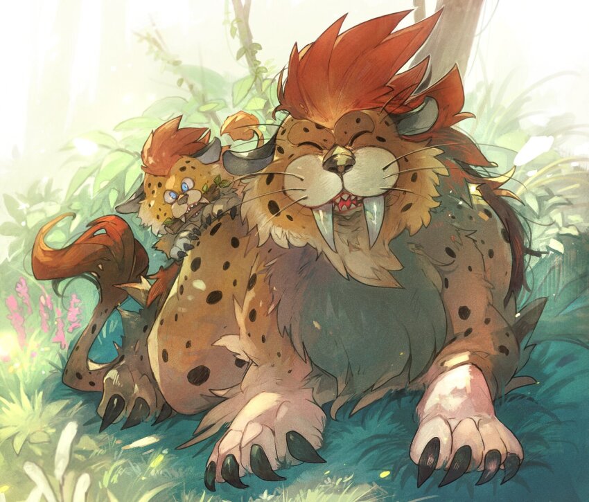 :3 animal_focus borongo cat_day claws closed_eyes commentary_request dragon_quest facing_viewer fangs full_body grass highres linne_(hld_doreko) looking_at_viewer lying mouth_hold nature no_humans on_stomach red_hair sabretooth_tiger sharp_teeth tail teeth teeth_hold whiskers yellow_fur