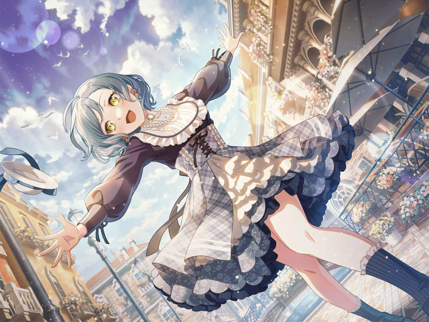 1girl :d aqua_hair bang_dream! bird blush building cloud cross-laced_clothes dress dutch_angle earrings flower frilled_dress frilled_socks frills green_eyes hat hikawa_hina jewelry lamppost lens_flare light_particles long_sleeves necklace official_art open_mouth outdoors outstretched_arms plaid_clothes puffy_long_sleeves puffy_sleeves ribbon short_hair sky smile socks solo standing sunlight third-party_source unworn_hat unworn_headwear white_hat