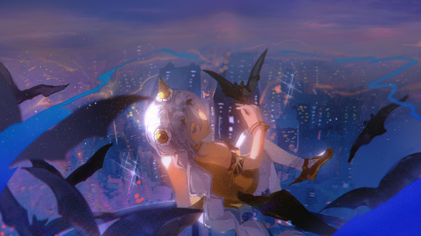 1girl absurdres alternate_costume animal animal_on_hand back bare_shoulders bat_(animal) blue_eyes blurry bracelet braid city_lights cityscape cloud cloudy_sky commission crossed_legs depth_of_field from_behind grey_hair hair_between_eyes hair_ornament halloween hand_up highres honkai_(series) honkai_impact_3rd jewelry kallen_kaslana long_braid long_hair looking_at_viewer looking_to_the_side mixed-language_commentary night night_sky outdoors pantyhose shade single_braid sitting sky sleeveless smoke smoke_trail solo white_pantyhose xiyushiliuguang283