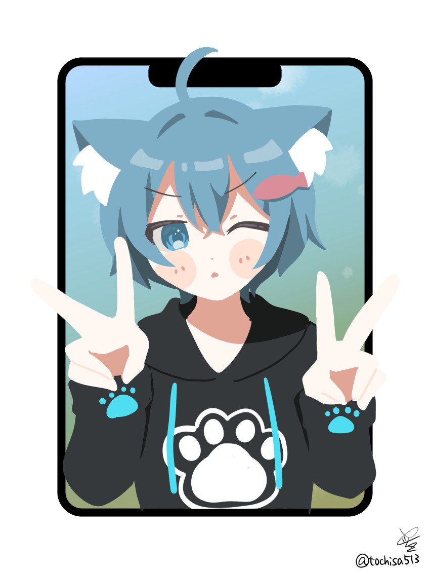1boy 1girl ;o absurdres ahoge animal_ear_fluff animal_ears animal_print black_hoodie blue_eyes blue_hair blush blush_stickers cat_ears cellphone cellphone_photo double_v drawstring fish_hair_ornament fish_print hair_between_eyes hair_ornament hands_up highres hood hood_down hoodie long_sleeves looking_at_viewer male_focus one_eye_closed parted_lips paw_print phone puffy_long_sleeves puffy_sleeves rusk_(komado_booth) signature sleeves_past_wrists solo tochisa_(tochisa513) twitter_username upper_body v v-shaped_eyebrows vrchat white_background