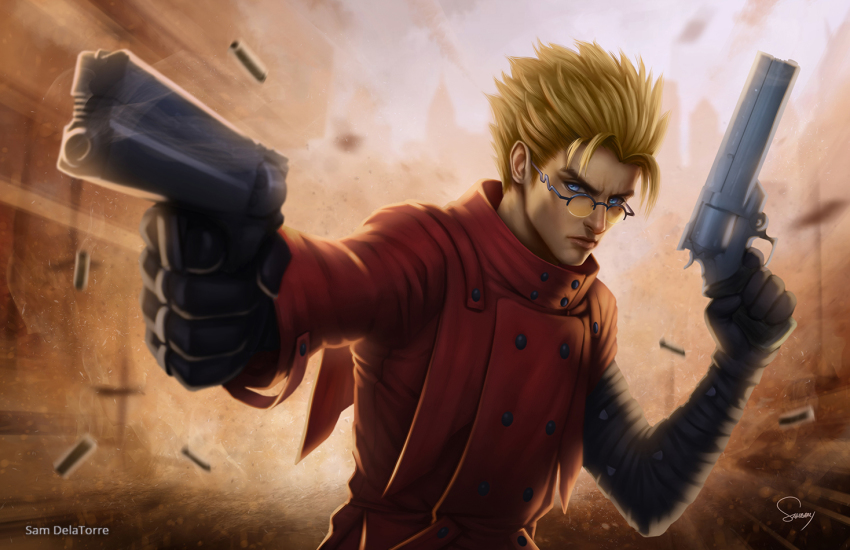 1boy agl_arms_.45_long_colt artist_name asymmetrical_clothes bandaged_arm bandages blonde_hair blue_eyes break-action_revolver brown_background dual_wielding foreshortening glasses gun handgun handgun_cartridge holding low_bore_axis_revolver male_focus manly motion_blur revolver revolver_cartridge sam_delatore serious shell_casing signature solo spiked_hair tinted_eyewear trigun upper_body vash_the_stampede weapon yellow-tinted_eyewear