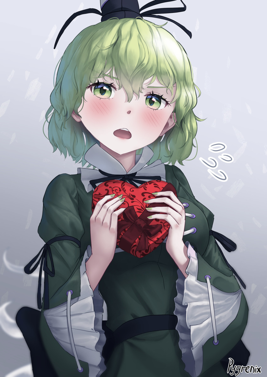 1girl absurdres black_hat blush commentary dress flying_sweatdrops gradient_background green_dress green_eyes green_hair grey_background hat highres juliet_sleeves long_sleeves looking_at_viewer open_mouth puffy_sleeves pygrenix short_hair soga_no_tojiko solo tate_eboshi teeth touhou upper_body upper_teeth_only valentine