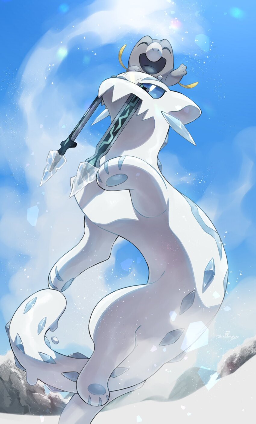 animal_focus blue_eyes blue_sky bright_pupils chien-pao closed_eyes cloud commentary_request frigibax highres ice nintendo no_humans nullma open_mouth outdoors pokemon pokemon_(creature) riding riding_pokemon sky smile snow snow_leopard tail whiskers white_fur white_pupils
