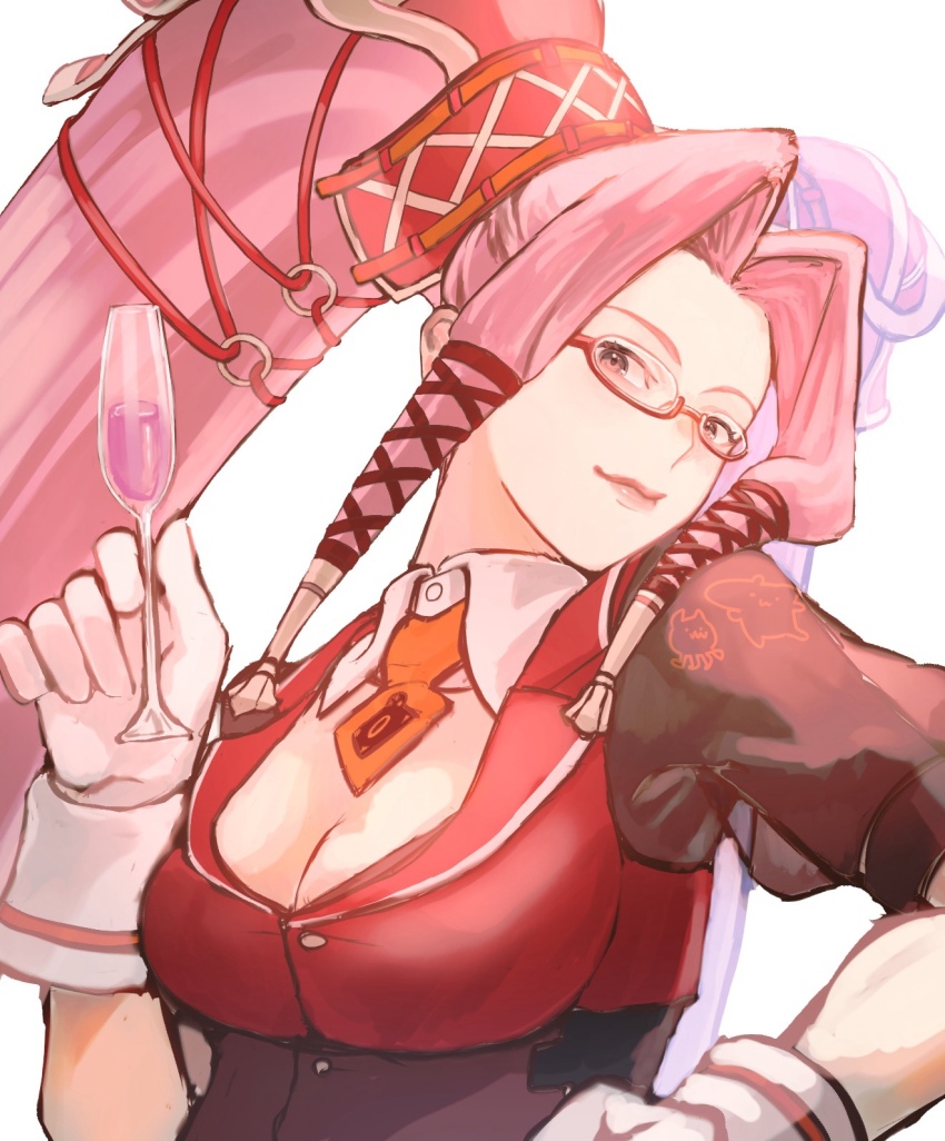 .hack// .hack//g.u. 1girl big_hair breasts champagne_flute chim_chim cleavage commentary_request cup curtained_hair detached_collar drinking_glass gloves hair_armor hair_ornament hair_ribbon highres holding holding_cup lapels lips long_hair looking_at_viewer majidenemui medium_breasts necktie notched_lapels official_alternate_costume orange_necktie pi_(.hack//) pink_eyes pink_hair puffy_short_sleeves puffy_sleeves red-framed_eyewear red_shirt ribbon see-through_clothes see-through_sleeves semi-rimless_eyewear shirt short_necktie short_sleeves simple_background smile solo twintails underbust very_long_hair white_background white_gloves