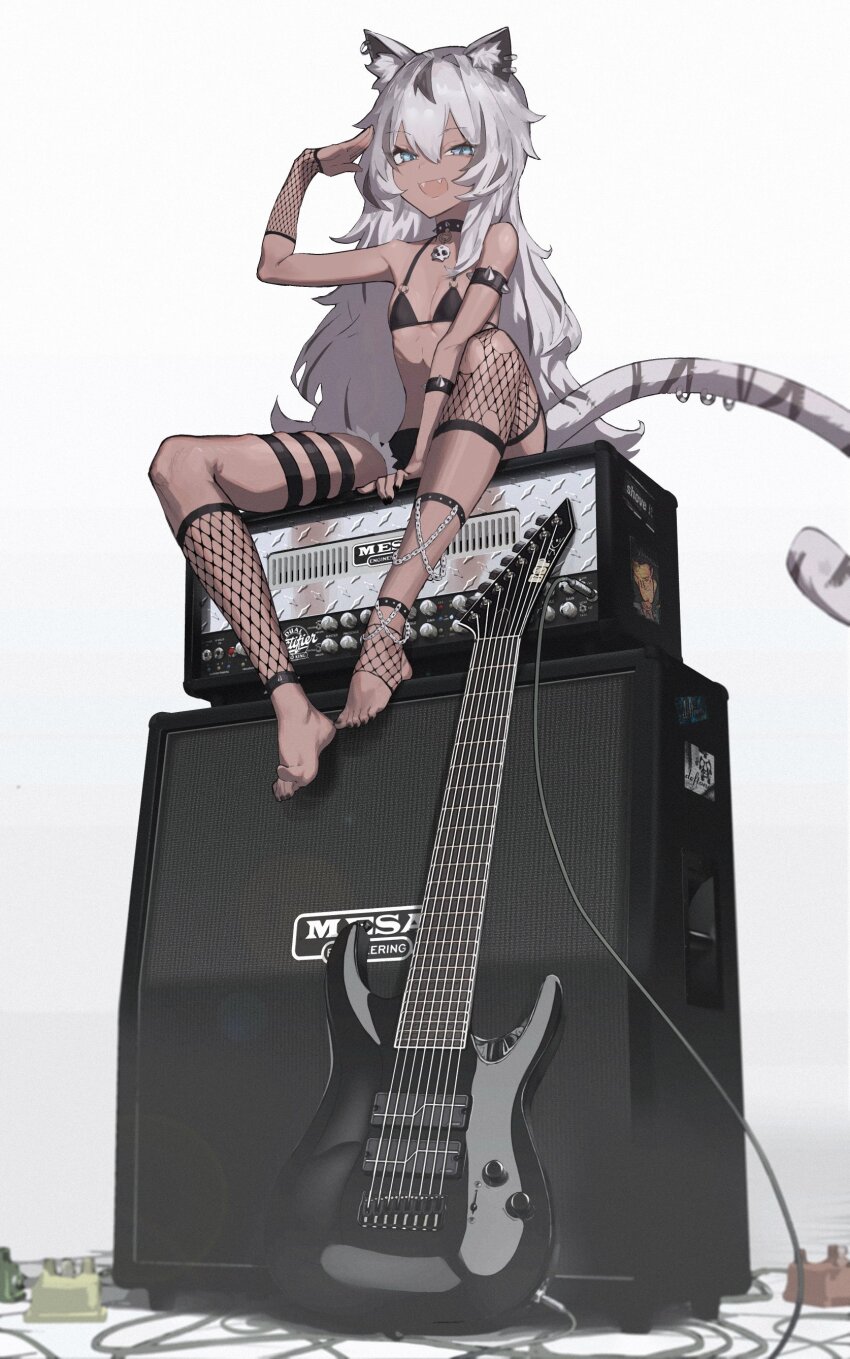 1girl 8-string_guitar :d absurdres amplifier animal_ears armband asymmetrical_legwear bass_guitar between_legs black_armband black_bra black_shorts blue_eyes bra breasts collar dark-skinned_female dark_skin extended_range_guitar fangs fishnets fur-trimmed_shorts fur_trim gaomi_goro grey_hair guitar hand_between_legs highres instrument long_hair looking_at_viewer multicolored_hair open_mouth reon_(98109reon) salute short_shorts shorts sitting sitting_on_object skull_ornament small_breasts smile spiked_collar spikes stellarversepro tail thigh_strap tiger_ears tiger_girl tiger_tail two-tone_hair underwear virtual_youtuber