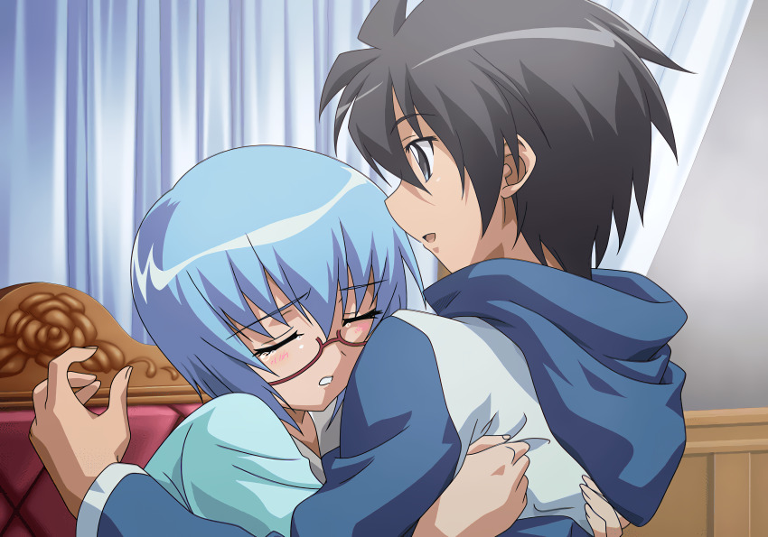 1boy 1girl absurdres black_hair blue_hair blush closed_eyes crying game_cg glasses grey_eyes highres hiraga_saito hood hoodie hug open_mouth pajamas parted_lips short_hair smile tabitha_(zero_no_tsukaima) tears zero_no_tsukaima zero_no_tsukaima:_muma_ga_tsumugu_yokaze_no_fantasy