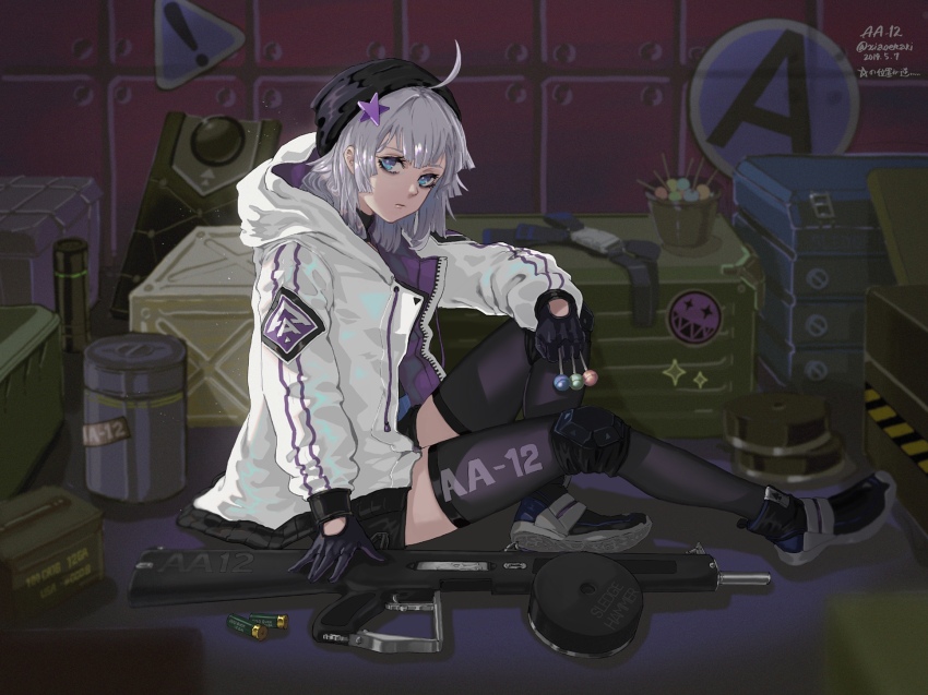 ! 1girl aa-12 aa-12_(girls&#039;_frontline) ammunition antenna_hair automatic_shotgun bags_under_eyes beret black_hat black_shorts black_thighhighs blue_eyes box candy combat_shotgun drum_magazine food girls&#039;_frontline gun hat high-capacity_magazine highres jacket lollipop looking_at_viewer magazine_(weapon) shoes short_hair short_shorts shorts shotgun shotgun_shell sitting solo star_(sky) thighhighs twitter_username weapon white_jacket xia_oekaki