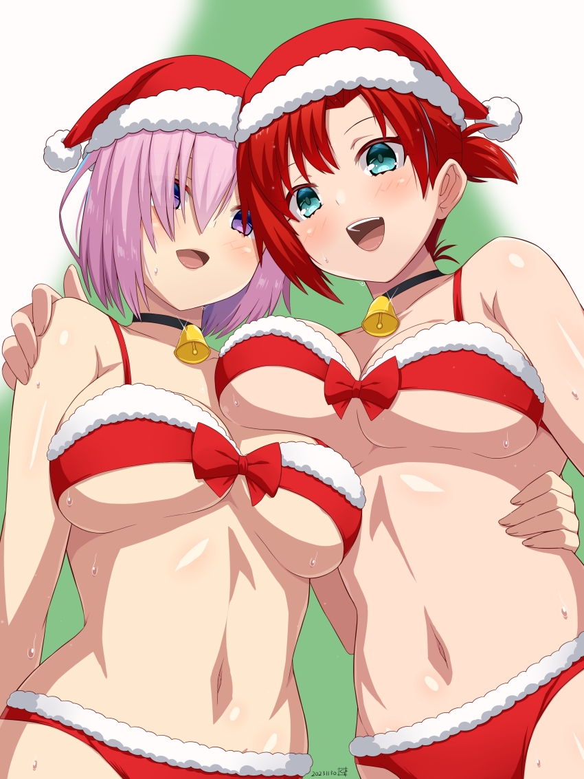 2girls absurdres bare_shoulders bell bikini boudica_(fate) breasts choker cleavage collarbone fate/grand_order fate_(series) fur-trimmed_bikini fur-trimmed_headwear fur_trim green_eyes guriguri_(arayotto4351) hair_over_one_eye hat highres jingle_bell large_breasts looking_at_viewer mash_kyrielight multiple_girls navel open_mouth ponytail purple_eyes purple_hair red_bikini red_hair revision santa_hat short_hair short_ponytail smile swimsuit underboob