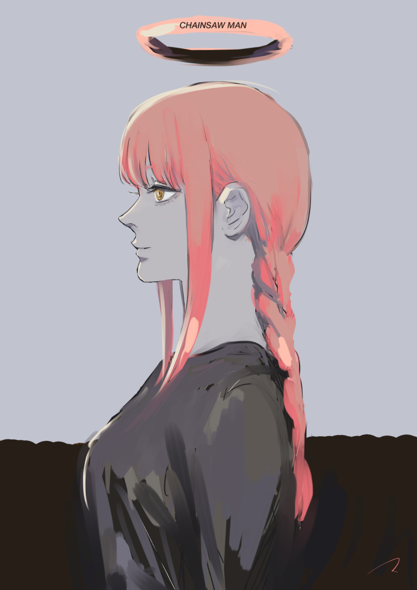 1girl black_dress blood blood_halo blunt_bangs braid braided_ponytail chainsaw_man commentary copyright_name dress from_side grey_background halo highres liquid_halo long_hair makima_(chainsaw_man) matahei red_hair ringed_eyes sidelocks signature solo two-tone_background yellow_eyes