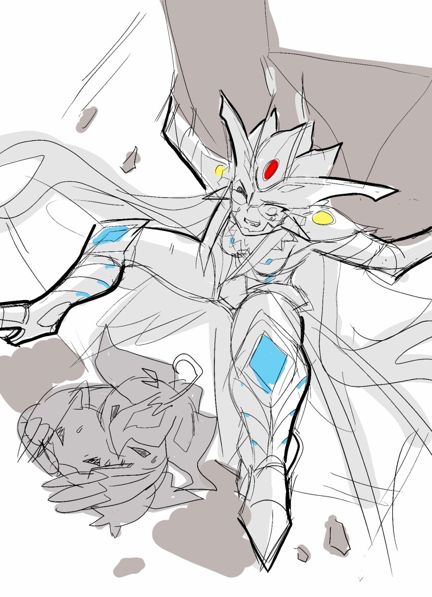 1girl armor armored_boots armored_gloves armored_leotard boots boulder breasts butterfly_wings carrying digimon digimon_(creature) fur_collar helmet high_heels highres hudiemon insect_wings koromon leotard long_hair medium_breasts one_eye_closed palmon ph6xeivbgpimggg rock shoulder_armor sketch skirt spot_color spread_legs wings