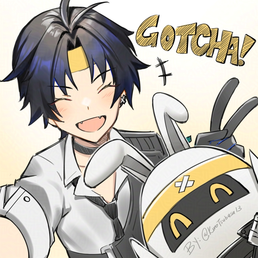 2boys ^_^ artist_name asaba_harumasa asaboo_(zenless_zone_zero) bangboo_(zenless_zone_zero) black_gloves black_hair black_necktie closed_eyes commentary english_commentary english_text gloves headband highres kuro_tsubasa male_focus multiple_boys necktie open_mouth selfie shirt smile twitter_username v white_shirt yellow_headband zenless_zone_zero