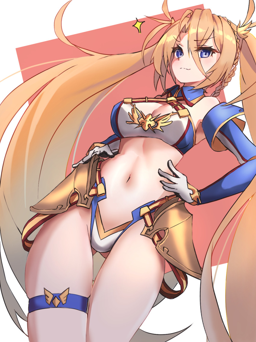 1girl armor bare_shoulders bikini blonde_hair blue_bikini blue_eyes blush bradamante_(fate) bradamante_(third_ascension)_(fate) braid breasts cleavage crown_braid elbow_gloves fate/grand_order fate_(series) faulds female_focus gloves gluteal_fold hair_between_eyes hands_on_own_hips highleg highres large_breasts long_hair looking_at_viewer multicolored_bikini navel shirokuma1414 smile solo swimsuit thigh_strap thighs twintails two-tone_bikini very_long_hair white_bikini