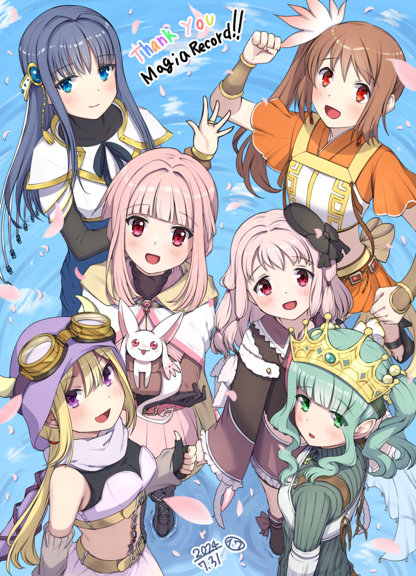 6+girls aqua_background arm_up blonde_hair blue_eyes blue_hair clenched_hand from_above futaba_sana goggles goggles_on_headwear green_eyes green_hair highres long_hair looking_at_viewer magia_record:_mahou_shoujo_madoka_magica_gaiden magical_girl mahou_shoujo_madoka_magica mitsuki_felicia multiple_girls nanami_yachiyo open_mouth pink_eyes pink_hair purple_eyes side_ponytail sphere_stone tamaki_iroha tamaki_ui tiara yui_tsuruno