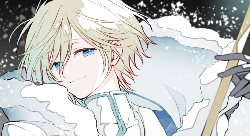 1boy black_background black_gloves blonde_hair blue_eyes facing_to_the_side fai_d._flowright fur-trimmed_jacket fur_trim gloves highres holding holding_staff hood hood_down hooded_jacket jacket kurabayashi looking_at_viewer male_focus portrait shirt short_hair sideways_glance smile snowing solo staff tsubasa_chronicle white_jacket white_shirt
