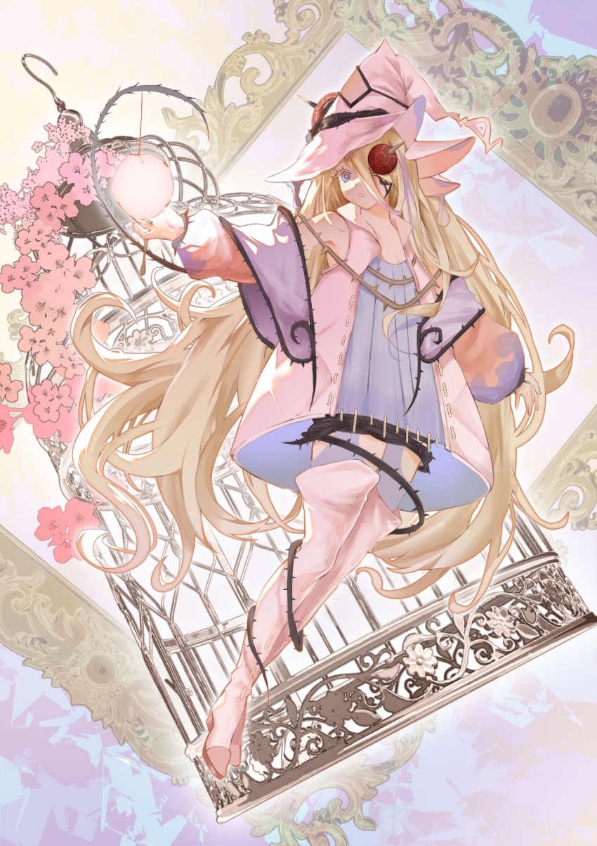 1girl apple birdcage blonde_hair blue_eyes boots cage detached_sleeves diabellze_the_original_sinkeeper dress duel_monster elzette_azamina_of_the_white_forest elzette_of_the_white_forest flower food fruit hair_over_one_eye half_mask hat highres long_hair long_sleeves mask official_alternate_costume official_alternate_hairstyle open_mouth picture_frame pink_flower plant solo thigh_boots very_long_hair vines white_dress witch witch_hat yu-gi-oh! yumumu