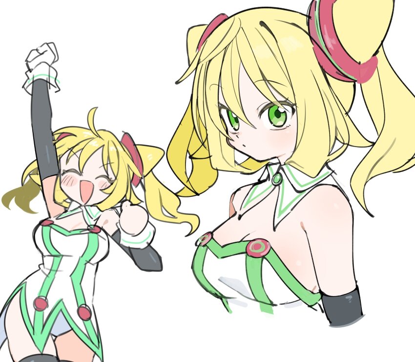 1girl :d ^_^ ahoge arm_up black_gloves black_thighhighs blonde_hair breasts cleavage clenched_hand closed_eyes cowboy_shot cropped_arms cropped_torso detached_collar elbow_gloves facing_viewer gloves green_eyes hacka_doll hacka_doll_1 highres kokaki_mumose layered_gloves looking_at_viewer medium_breasts multiple_views open_mouth side_slit sideways_glance simple_background smile thighhighs twintails white_background