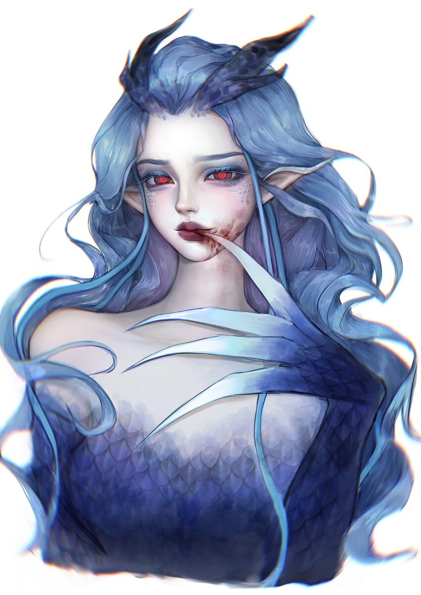 1girl ao_run_(nezha_zhi_motong_jiangshi) blood blood_from_mouth blood_on_face blue_claws blue_hair coooo70001560 dragon_girl dragon_horns highres horns long_hair nezha_zhi_motong_jiangshi red_eyes solo very_long_hair