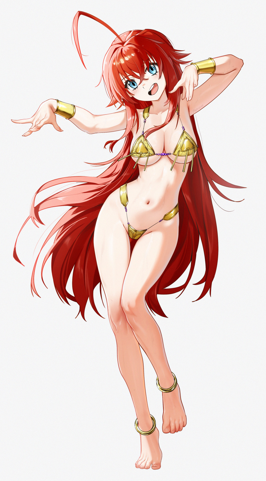 1girl absurdres ahoge anklet barefoot bikini blue_eyes blush bracer breasts commentary crossed_bangs dancer dancing english_commentary feet gold_anklet gold_bikini gold_bracer hair_between_eyes head_tilt high_school_dxd highres huge_ahoge jewelry large_breasts legs long_hair looking_at_viewer navel open_mouth paid_reward_available red_hair rias_gremory simple_background smile solo standing standing_on_one_leg swimsuit teeth toenails toes tongue twitter_username underboob upper_teeth_only very_long_hair waligner white_background