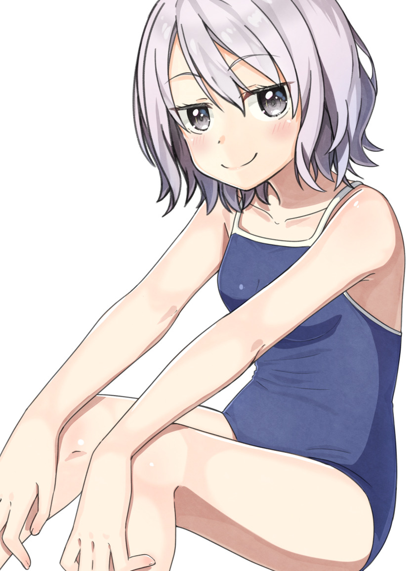 1girl absurdres bare_shoulders blush bob_cut breasts closed_mouth collarbone competition_school_swimsuit dot_nose double-parted_bangs feet_out_of_frame from_side grey_hair hair_between_eyes hands_on_own_knees highres looking_at_viewer medium_breasts negimiso1989 one-piece_swimsuit original pink_lips school_swimsuit short_hair simple_background sitting smile solo swimsuit wavy_hair white_background