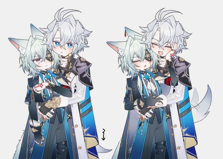 2boys anaxa_(honkai:_star_rail) animal_ears black_jacket black_pants blue_eyes blush cat_boy cat_ears cat_tail closed_mouth coat coojisan cowboy_shot dog_boy dog_ears dog_tail eyepatch highres honkai:_star_rail honkai_(series) hug jacket looking_at_viewer male_focus multiple_boys multiple_views one_eye_covered open_mouth pants phainon_(honkai:_star_rail) simple_background smile sweatdrop tail tail_wagging white_background white_coat yellow_pupils
