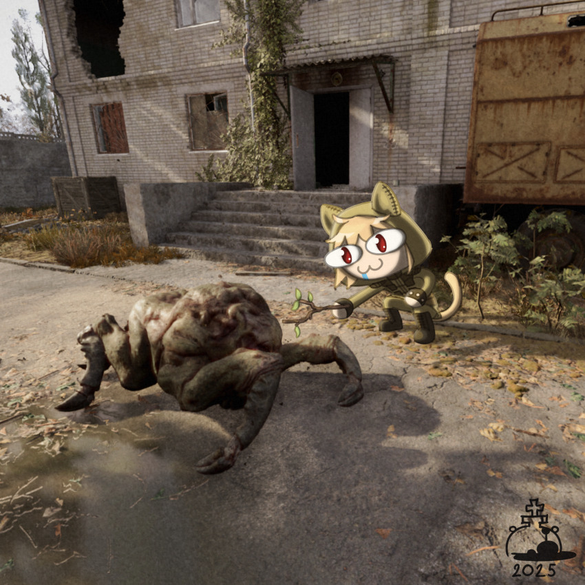 2025 adapted_costume animal_ears antykvarnyy_kalamar blonde_hair cat_ears crossover drooling flesh_(stalker) highres hungry monster neco-arc poking screenshot_background squatting stalker_(game) stalker_2:_heart_of_chornobyl stick tail