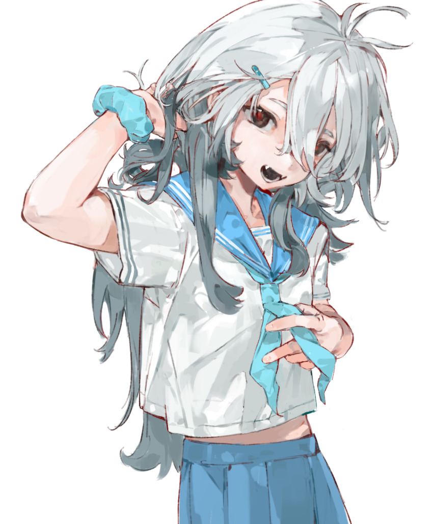 1girl baifeidaiwang black_tongue blue_neckerchief blue_sailor_collar blue_scrunchie blue_skirt cowboy_shot fangs grey_hair hair_between_eyes hair_ornament hairclip hand_up highres holding holding_necktie holding_own_hair long_hair looking_at_viewer midriff multicolored_hair neckerchief open_mouth original pleated_skirt sailor_collar school_uniform scrunchie serafuku shirt short_sleeves simple_background skirt smile solo standing teeth white_background white_shirt wrist_scrunchie