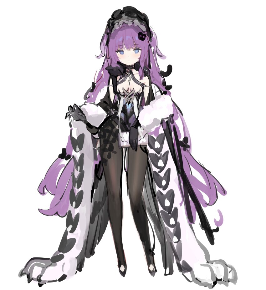 1girl absurdres azur_lane bare_shoulders black_gloves black_pantyhose blue_eyes breasts gloves highres kincora long_hair pantyhose purple_hair simple_background small_breasts solo tashkent_(azur_lane) tashkent_(the_sprite&#039;s_snapshot)_(azur_lane) very_long_hair white_background