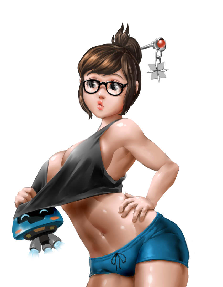 1girl absurdres bad_id bad_pixiv_id black-framed_eyewear black_eyes blue_shorts breasts brown_eyes chain clothes_pull cowboy_shot crop_top drawstring eyelashes female_focus glasses hair_bun hair_ornament hair_stick hand_on_own_hip highres large_breasts lips looking_away looking_to_the_side marble mei_(overwatch) midriff moonlit navel overwatch overwatch_1 parted_lips pout pulling_another&#039;s_clothes red_lips shiny_skin shirt_pull short_hair short_shorts shorts sideboob simple_background single_hair_bun solo stomach swept_bangs tank_top toned toned_female white_background