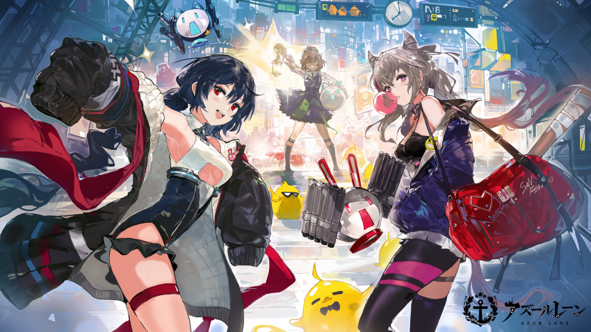 3girls :d alchemaniac allen_m._sumner_(azur_lane) azur_lane bag baseball_bat beret black_coat black_hair black_leotard black_socks blowing_bubble_gum blowing_bubbles bow bowtie breasts bristol_(azur_lane) chewing_gum clock clothing_cutout coat collared_leotard copyright_notice dress drone from_side grey_hair hair_horns hat highres holding holding_lantern jacket lantern leotard long_hair manjuu_(azur_lane) medium_breasts medium_hair multicolored_hair multicolored_leotard multiple_girls open_clothes open_coat open_mouth padded_coat partially_unzipped purple_dress purple_hair purple_headwear purple_jacket red_bag red_eyes san_francisco_(azur_lane) school_bag shirt single_leg_pantyhose single_thighhigh smile socks stage stage_lights strapless strapless_shirt streaked_hair sunglasses thigh_strap thighhighs torpedo_launcher two-tone_leotard underboob underboob_cutout very_long_hair white_leotard white_shirt