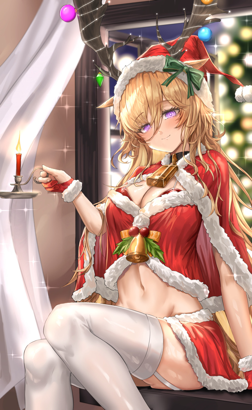 1girl absurdres alternate_costume animal_ears antlers arknights bell bikini bikini_under_clothes blonde_hair breasts candle candlestand christmas christmas_tree cleavage commentary_request crop_top curtains garter_straps gloves hat highres holding_candlestand horns large_breasts long_hair moose_antlers moose_ears moose_girl navel partially_fingerless_gloves purple_eyes putcho red_bikini red_gloves red_skirt santa_costume santa_gloves santa_hat sitting skirt smile solo stomach swimsuit thighhighs thighs viviana_(arknights) white_thighhighs window