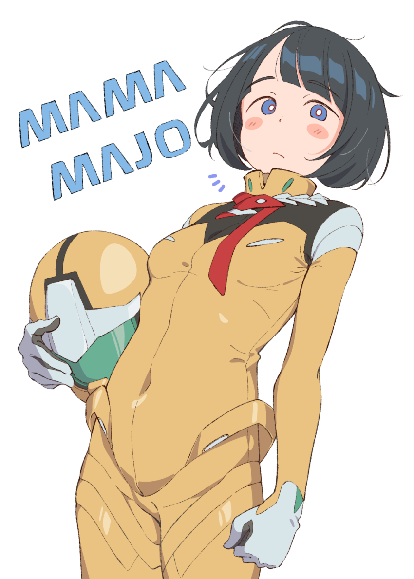1girl black_gloves black_hair blue_eyes blunt_bangs blush blush_stickers bob_cut bodysuit breasts bright_pupils clenched_hand closed_mouth commentary covered_navel cowboy_shot eitopondo expressionless gloves gundam gundam_gquuuuuux helmet highres holding holding_helmet looking_at_viewer mecha_pilot_suit no_sclera normal_suit_(gundam) notice_lines romaji_text shiiko_sugai short_hair simple_background skin_tight small_breasts solo standing translated two-sided_gloves two-tone_gloves unworn_headwear unworn_helmet white_background white_gloves white_pupils yellow_bodysuit