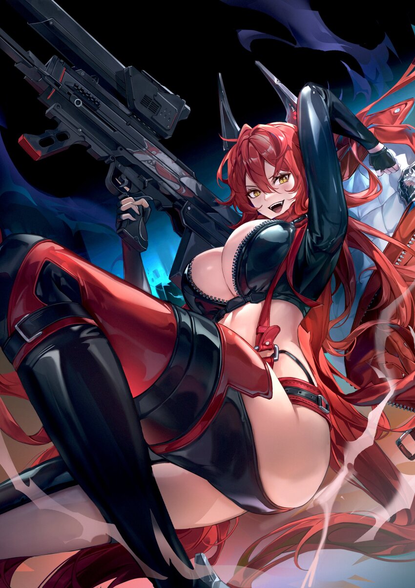 1girl absurdres anti-materiel_rifle black_horns breasts bullpup eru_(eru_illust) goddess_of_victory:_nikke gun hair_between_eyes highres holding holding_gun holding_weapon horns jacket large_breasts latex latex_bra latex_legwear long_hair looking_at_viewer mechanical_horns midriff open_clothes open_jacket open_mouth overalls red_hair red_hood_(nikke) red_jacket red_overalls revealing_clothes rifle sidelocks sniper_rifle solo teeth thighs very_long_hair weapon