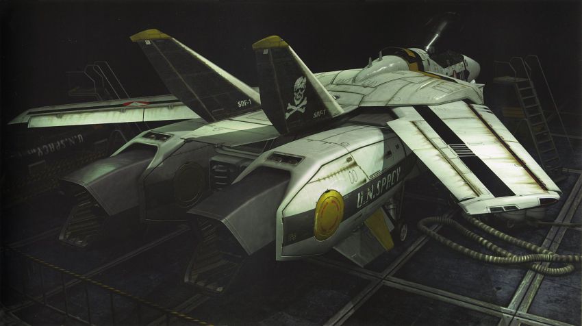 3d aircraft airplane choujikuu_yousai_macross gunpod highres jet macross macross:_do_you_remember_love? mecha no_humans official_art realistic robot skull_and_crossbones tenjin_hidetaka u.n._spacy valkyrie vehicle_focus vf-1
