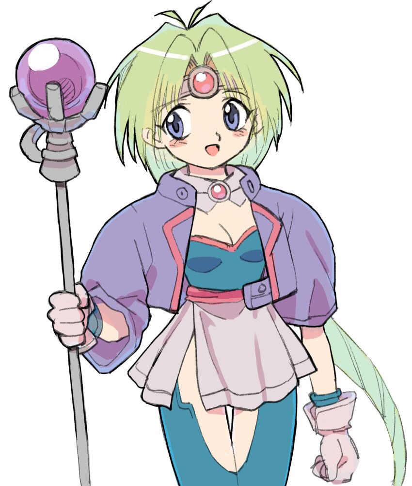 1girl :d antenna_hair blue_eyes blue_shirt blue_thighhighs breasts circlet cleavage detached_collar gan2 gloves green_hair grey_gloves grey_skirt haou_taikei_ryuu_knight highres holding holding_staff jacket long_hair medium_breasts miniskirt open_clothes open_jacket open_mouth paffy_pafuricia purple_jacket shirt side_slit sideways_glance simple_background skirt smile solo staff standing thighhighs very_long_hair white_background