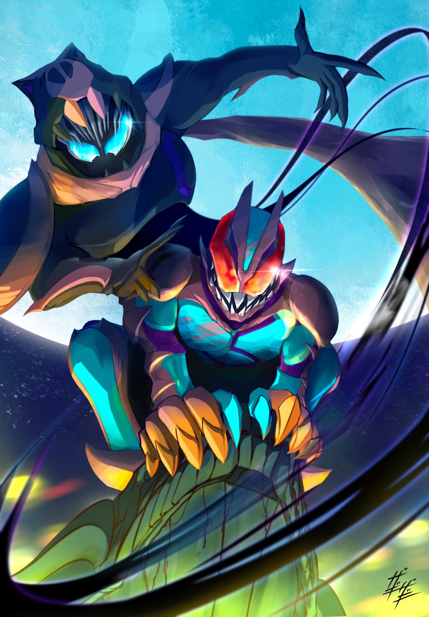 2boys armor artist_name back-to-back belt black_armor black_nails black_tail blue_eyes claw_pose clenched_hand demon_boy dinosaur fingernails fourth_wall glowing glowing_eyes hand_on_another&#039;s_shoulder helmet highres kamen_rider kamen_rider_revi kamen_rider_revice kamen_rider_vice looking_at_viewer male_focus monster_boy moon multiple_boys nail_polish night night_sky pink_armor reiwa rex_genome shaded_face sharp_fingernails sharp_teeth shoulder_pads simple_background sketch sky spirit squatting stamp_mark tail teeth tokusatsu tyrannosaurus_rex upper_body zagizagi