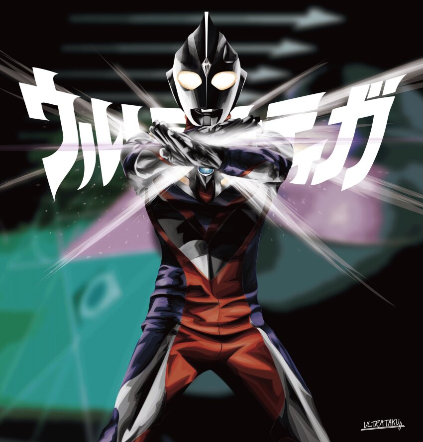 1boy abstract_background alien armor artist_name black_background blurry blurry_background breastplate character_name color_timer colored_skin commentary compound_eyes cowboy_shot dorsal_fin energy forehead_jewel glowing glowing_eyes green_background hands_up highres legs_apart looking_at_viewer male_focus multicolored_skin outstretched_arms powering_up purple_skin red_skin signature silver_skin solo standing tokusatsu ultra_series ultraman_tiga ultraman_tiga_(multi_type) ultraman_tiga_(series) ultrataku white_eyes wrinkled_skin