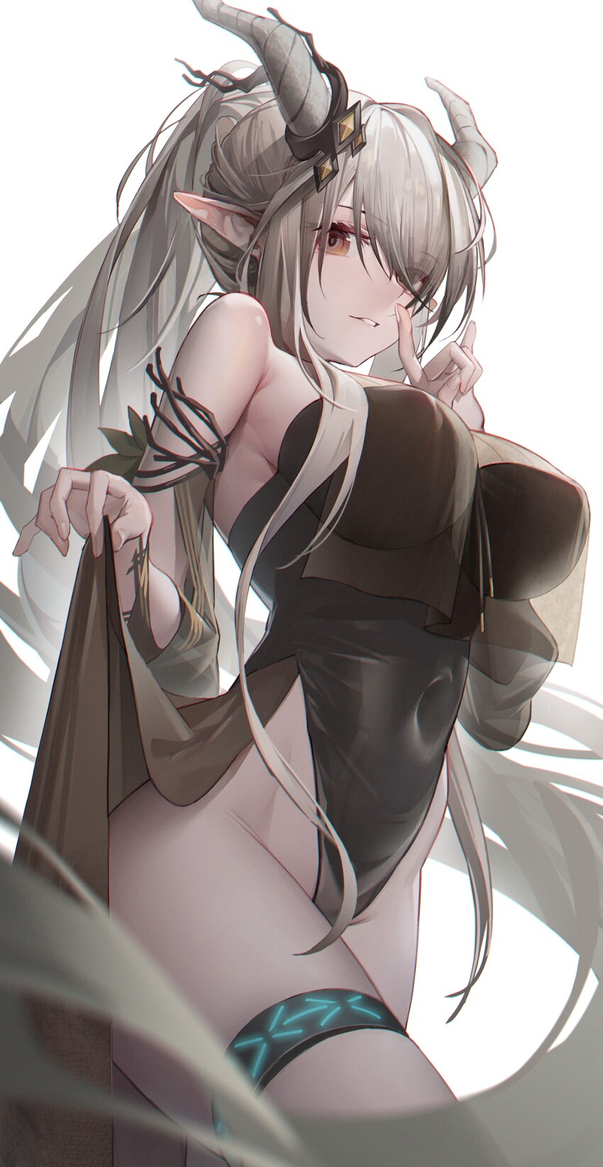 1girl 9am9i absurdres arknights black_one-piece_swimsuit breasts brown_eyes casual_one-piece_swimsuit covered_navel demon_horns eyes_visible_through_hair from_below grey_hair grey_horns hair_over_one_eye highres holding_cloth horns large_breasts long_hair looking_at_viewer material_growth official_alternate_costume official_alternate_hairstyle one-piece_swimsuit oripathy_lesion_(arknights) pointy_ears shining_(arknights) shining_(silent_night)_(arknights) simple_background solo swimsuit very_long_hair white_background