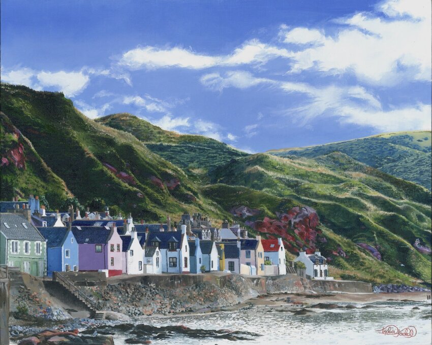 banister beach blue_sky building canvas_(medium) chimney cliff cloud cloudy_sky flower flower_pot highres hill horizon house indiajadenicolson landscape no_humans oil_painting_(medium) open_window original painting_(medium) railing scenery shore signature sky stairs traditional_media window