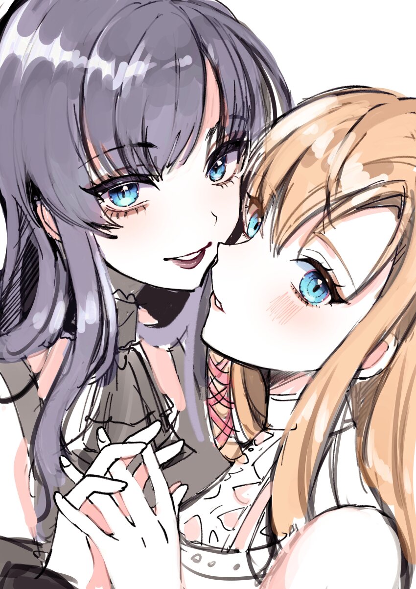2girls absurdres ascot black_ascot black_hair blonde_hair blue_eyes dianyanyaa final_fantasy final_fantasy_xiv gaia_(ff14) hair_ribbon highres hyur long_hair looking_at_viewer multiple_girls parted_lips portrait ribbon ryne_waters simple_background sketch smile white_background yuri