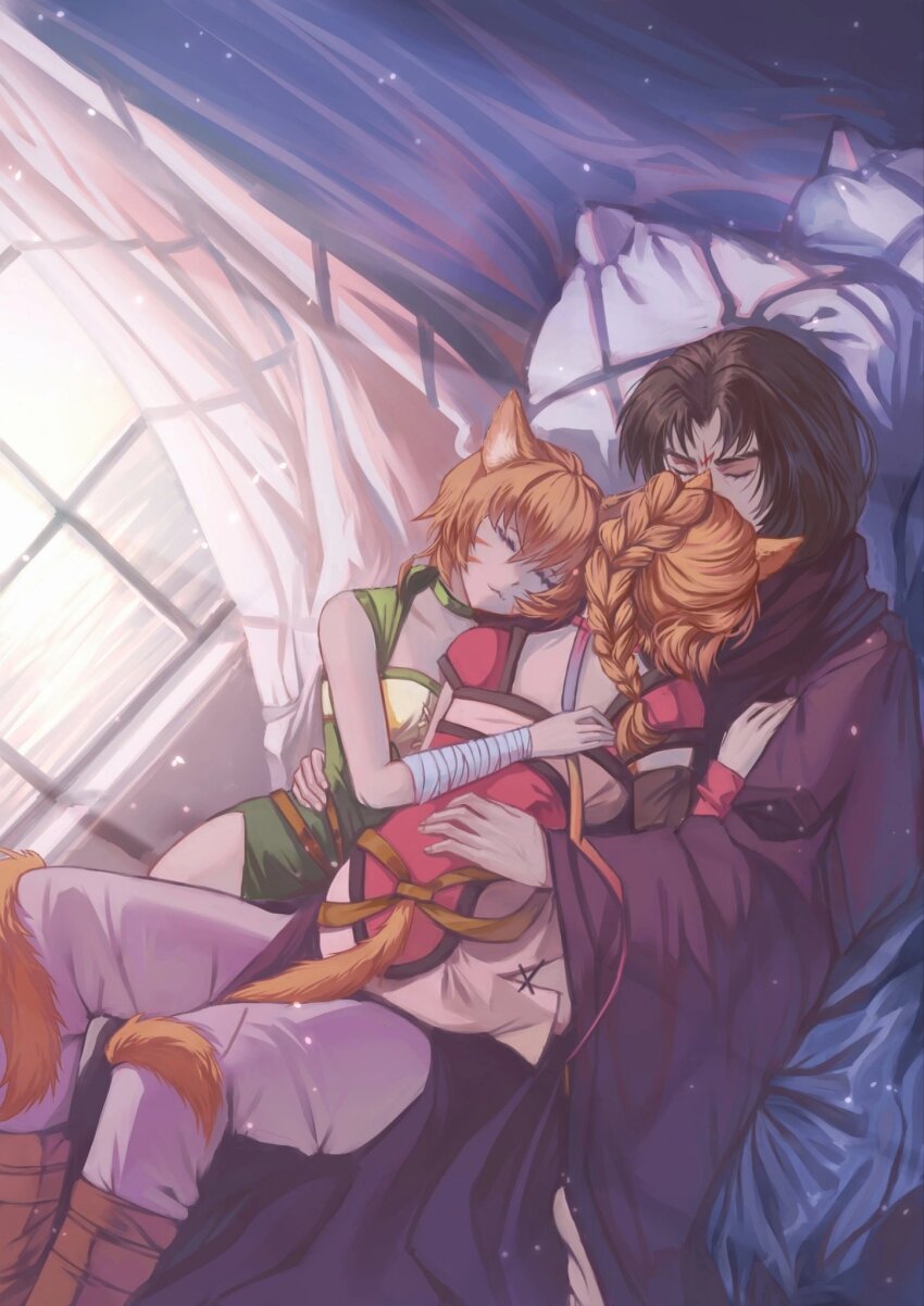 1boy 2girls animal_ears bed black_hair cat cat_ears cat_girl cat_tail closed_eyes closed_mouth collar commission commissioner_upload cuddling facepaint fire_emblem fire_emblem:_path_of_radiance fire_emblem:_radiant_dawn highres lethe_(fire_emblem) lying lying_on_person lyre_(fire_emblem) multiple_girls nintendo on_bed orange_hair siblings sisters sleeping sleeping_on_person soren_(fire_emblem) tail thetinynightingale window