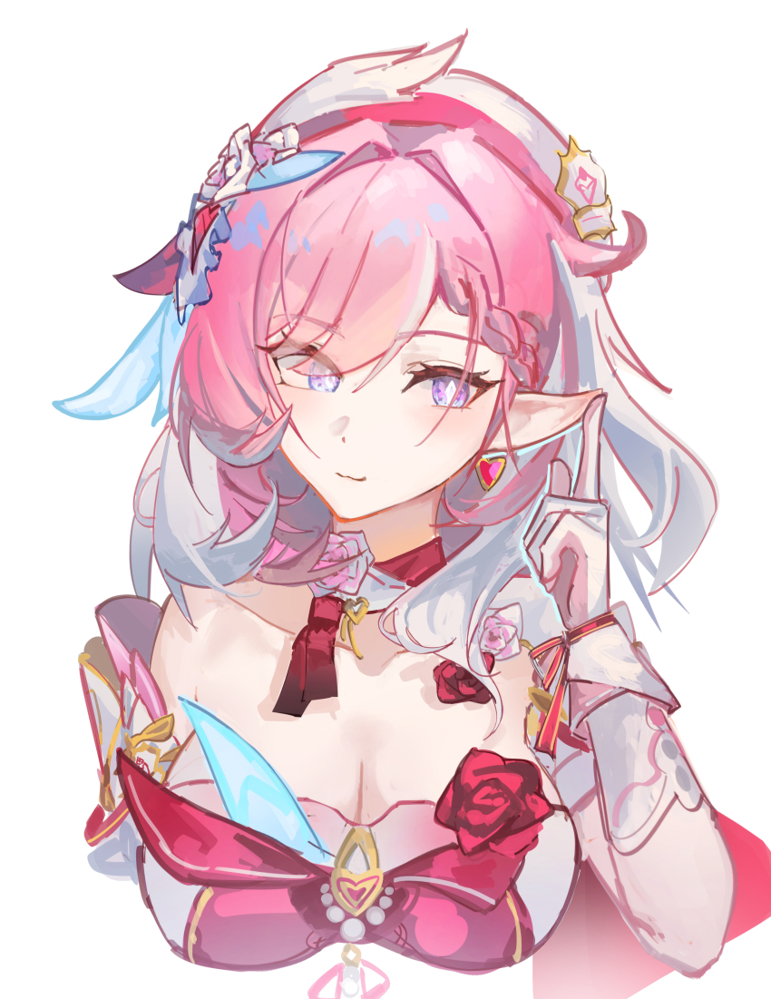 1girl absurdres beret breasts chinese_commentary cleavage commentary_request cropped_torso diamond-shaped_pupils diamond_(shape) dress earrings elf elysia_(hi_love_elf)_(honkai_impact) elysia_(honkai_impact) gloves hat heart heart_earrings highres honkai_(series) honkai_impact_3rd jewelry large_breasts long_hair multicolored_hair pink_hair pointy_ears purple_eyes red_dress simple_background smile solo symbol-shaped_pupils two-tone_hair very_long_hair white_background white_gloves white_hair xianluojimaomao2333