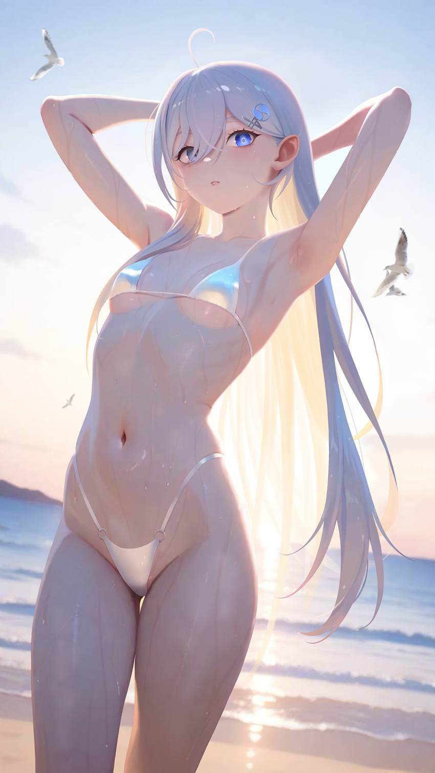 1girl armpits arms_up beach bikini bird breasts grey_eyes grey_hair hair_between_eyes hair_ornament heterochromia highleg highleg_bikini highres long_hair looking_at_viewer navel nyarko outdoors shibou_yuugi_de_meshi_o_kuu small_breasts solo swimsuit wet white_bikini yuuki_(shibou_yuugi)