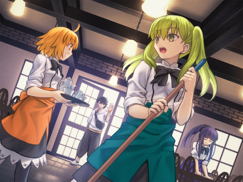 1boy 3girls ahnenerbe_shop_uniform ahoge apron asagami_fujino black_bow black_hair blonde_hair bow bowtie breasts broom closed_eyes collared_shirt cup dutch_angle fate/grand_carnival fate/grand_order fate_(series) fujimaru_ritsuka_(male) green_eyes green_hair hibino_hibiki indoors katsuragi_chikagi long_hair long_sleeves mahou_tsukai_no_hako multiple_girls open_mouth orange_eyes orange_hair pants pantyhose purple_hair shirt shoori_(migiha) short_hair skirt sleeves_rolled_up small_breasts smile tray twintails waitress white_shirt