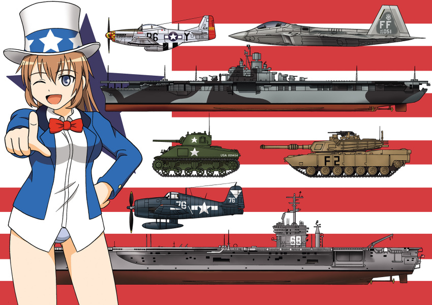 1girl aircraft aircraft_carrier airplane bottomless bow bowtie caterpillar_tracks charlotte_e._yeager escort_fighter f-22 hand_on_own_hip hat highres hoshino_banchou jet keygift m1_abrams m4_sherman medium_tank military military_vehicle motor_vehicle no_pants one_eye_closed p-51_mustang panties pointing pointing_at_viewer propeller propeller_fighter ship simple_background standing star_(symbol) strike_witches tank top_hat turret underwear united_states uss_essex_(cv-9) vehicle warship watercraft world_witches_series